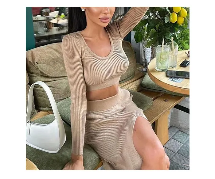 Wjczt Women Skirt and Cropped Set Sexy Long Sleeve O Neck Knitted Crop Slim Sweater with Split Long Skirt Elegant Spring 2 Pieces Set