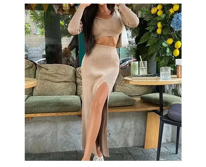 Wjczt Women Skirt and Cropped Set Sexy Long Sleeve O Neck Knitted Crop Slim Sweater with Split Long Skirt Elegant Spring 2 Pieces Set