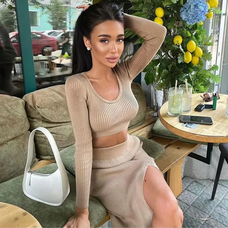 Wjczt Women Skirt and Cropped Set Sexy Long Sleeve O Neck Knitted Crop Slim Sweater with Split Long Skirt Elegant Spring 2 Pieces Set