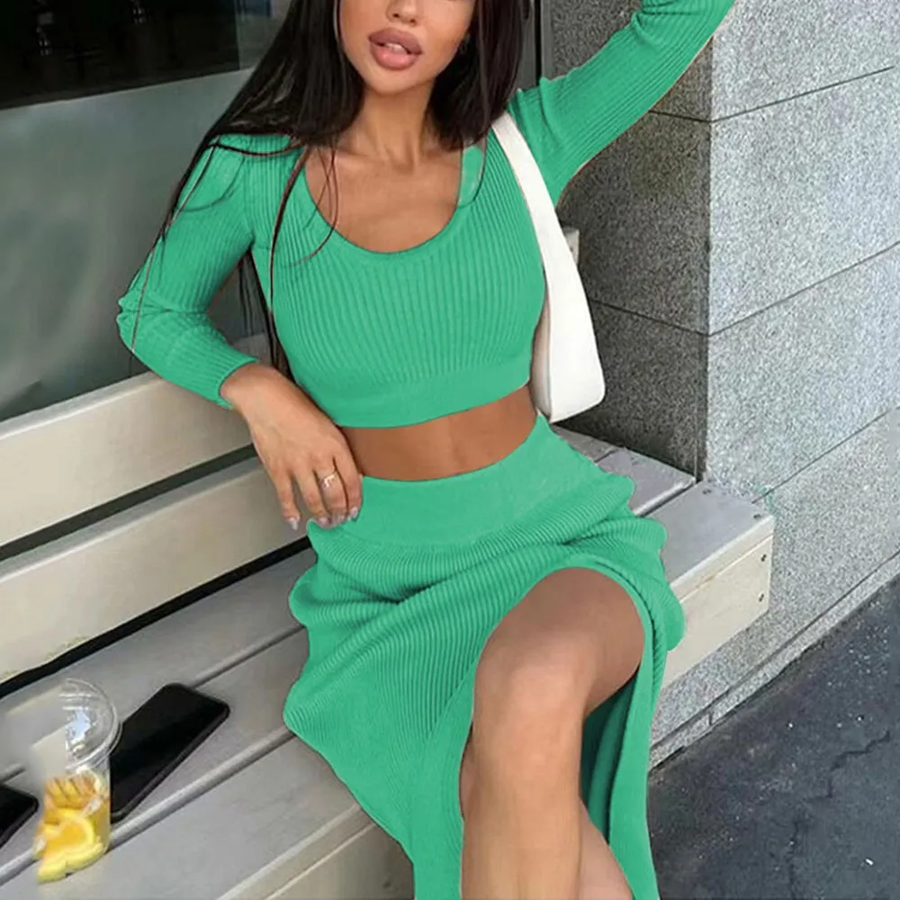Wjczt Women Skirt and Cropped Set Sexy Long Sleeve O Neck Knitted Crop Slim Sweater with Split Long Skirt Elegant Spring 2 Pieces Set