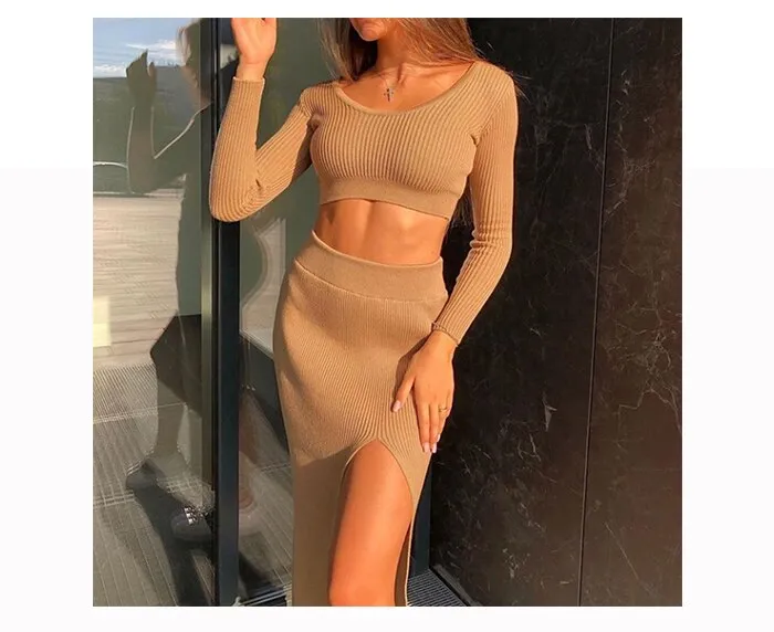 Wjczt Women Skirt and Cropped Set Sexy Long Sleeve O Neck Knitted Crop Slim Sweater with Split Long Skirt Elegant Spring 2 Pieces Set