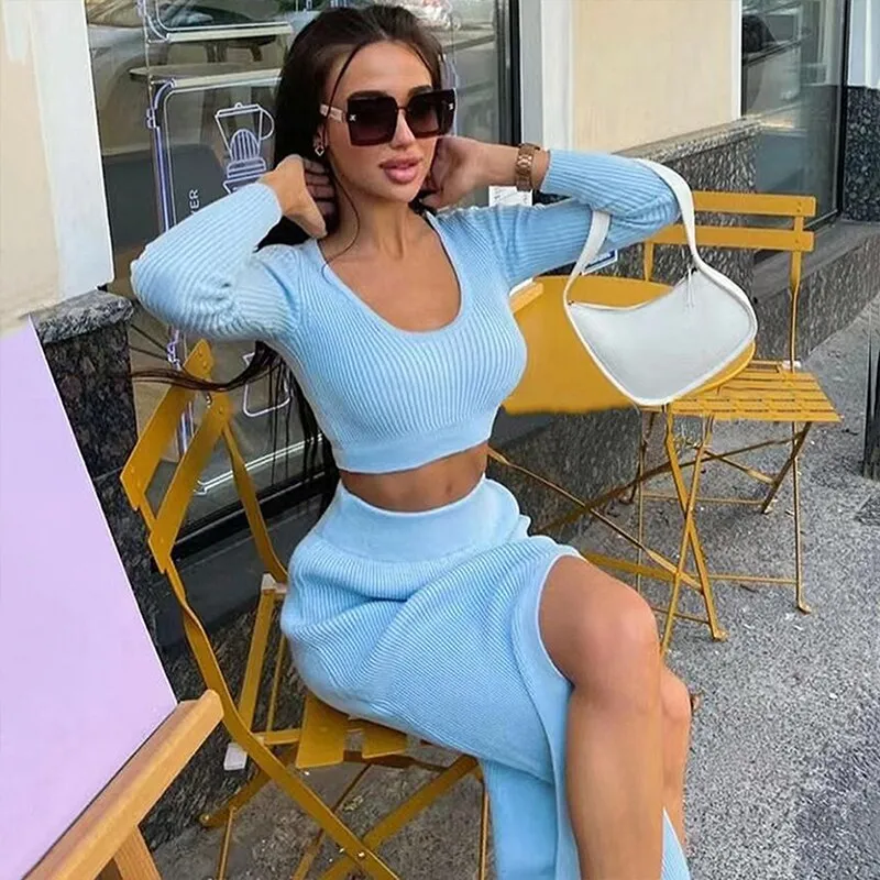 Wjczt Women Skirt and Cropped Set Sexy Long Sleeve O Neck Knitted Crop Slim Sweater with Split Long Skirt Elegant Spring 2 Pieces Set