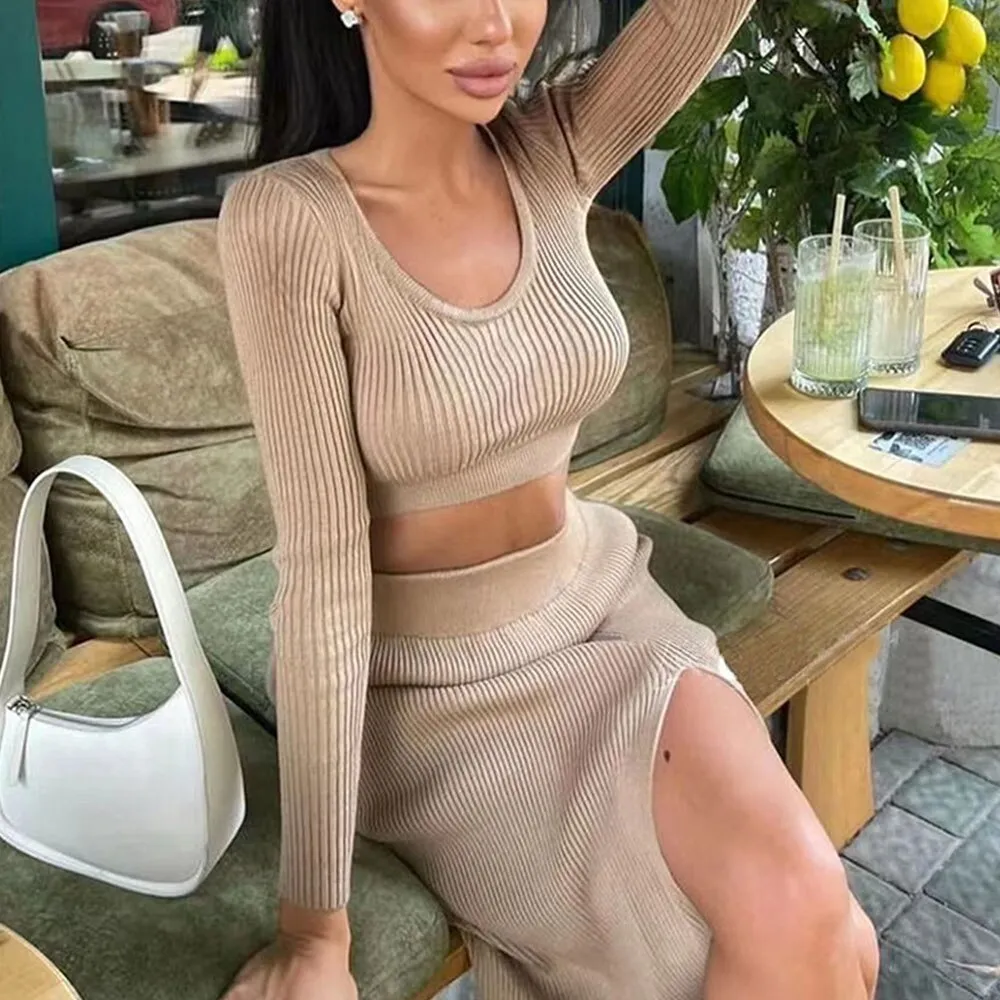 Wjczt Women Skirt and Cropped Set Sexy Long Sleeve O Neck Knitted Crop Slim Sweater with Split Long Skirt Elegant Spring 2 Pieces Set