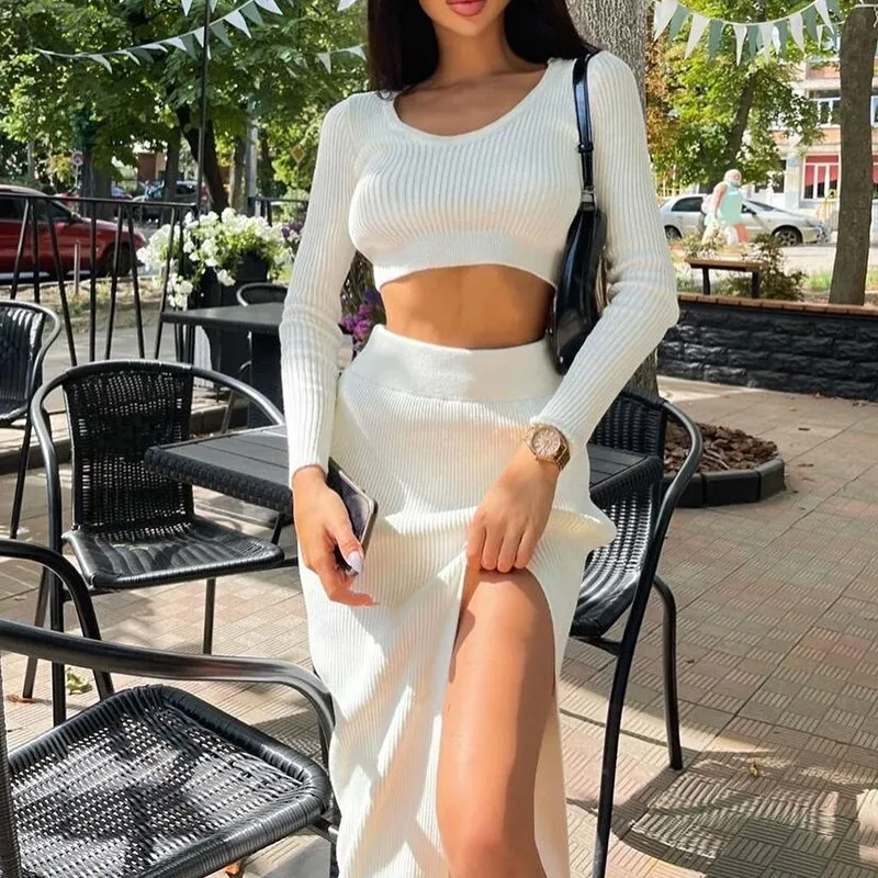 Wjczt Women Skirt and Cropped Set Sexy Long Sleeve O Neck Knitted Crop Slim Sweater with Split Long Skirt Elegant Spring 2 Pieces Set