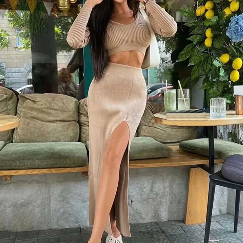 Wjczt Women Skirt and Cropped Set Sexy Long Sleeve O Neck Knitted Crop Slim Sweater with Split Long Skirt Elegant Spring 2 Pieces Set