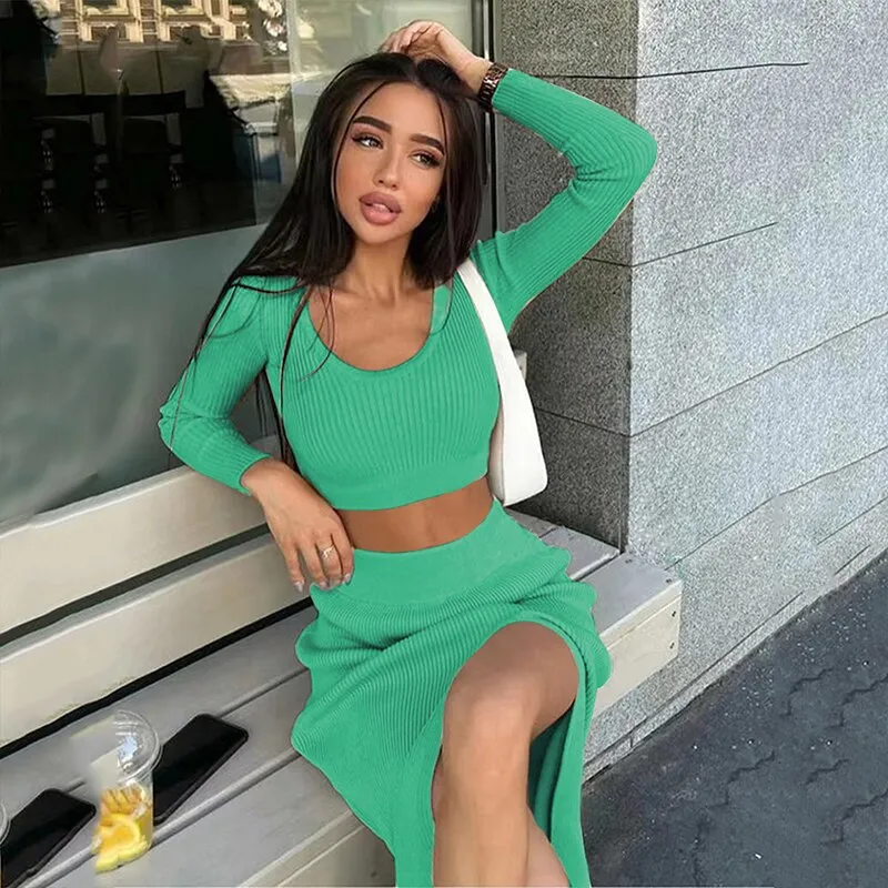 Wjczt Women Skirt and Cropped Set Sexy Long Sleeve O Neck Knitted Crop Slim Sweater with Split Long Skirt Elegant Spring 2 Pieces Set