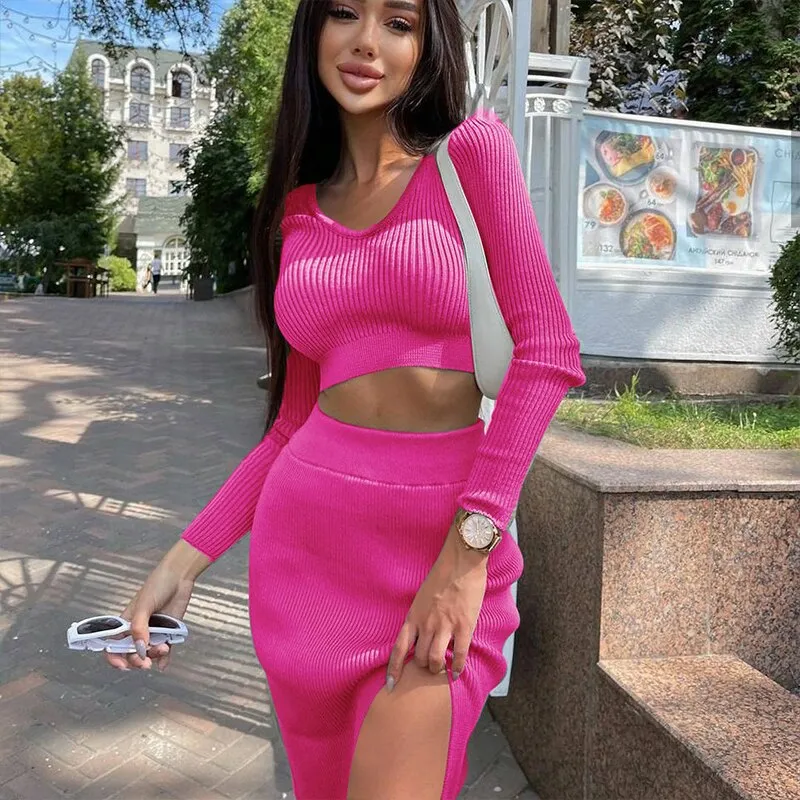 Wjczt Women Skirt and Cropped Set Sexy Long Sleeve O Neck Knitted Crop Slim Sweater with Split Long Skirt Elegant Spring 2 Pieces Set